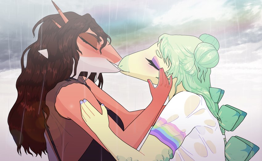 anthro anthro_on_anthro back_spikes clothed clothing duo eyes_closed female female/female hair hair_bun interspecies kiss_on_lips kissing spikes spikes_(anatomy) ko_op lucie_viatge goodbye_volcano_high rosa_(gvh) stella_(gvh) aquilops ceratopsian dinosaur ornithischian prehistoric_species reptile scalie stegosaurian stegosaurus thyreophoran absurd_res colored concept_art hi_res official_art trans_(lore) trans_woman_(lore)