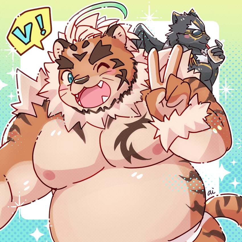 anthro belly beverage black_body black_fur blue_eyes blush bubble_tea clothing duo eyewear fur gesture hand_gesture male melanistic musclegut muscular nipples one_eye_closed orange_body orange_fur pecs smile speedo striped_body striped_fur stripes sunglasses swimwear v_sign wink alli_paeonia lifewonders tokyo_afterschool_summoners hombre_tigre_(tas) tezcatlipoca_(tas) felid jaguar mammal pantherine tiger 1:1 hi_res