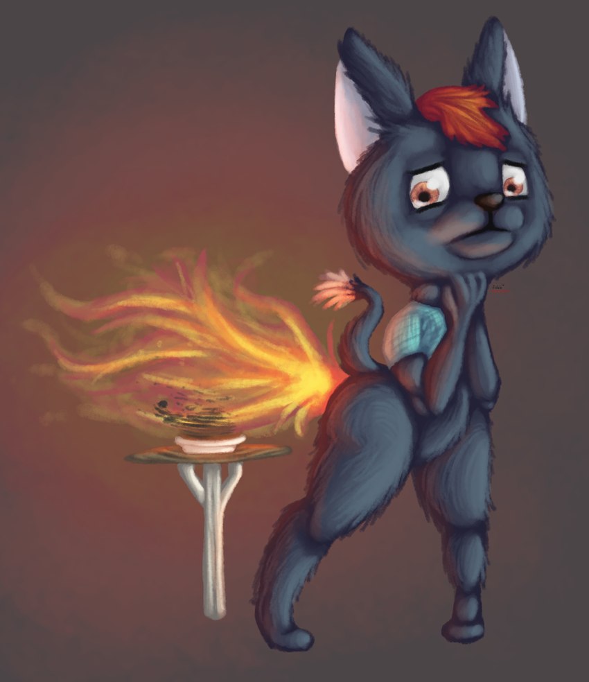 anthro black_body black_fur black_nose black_tail blue_clothing blue_shirt blue_topwear bottomless burnt_food clothed clothing dipstick_tail fart fire_fart food fur hair hand_on_chin hands_together looking_back male markings orange_eyes orange_hair shirt solo standing tail tail_markings topwear white_tail_tip jubb canid canine mammal 2018 signature