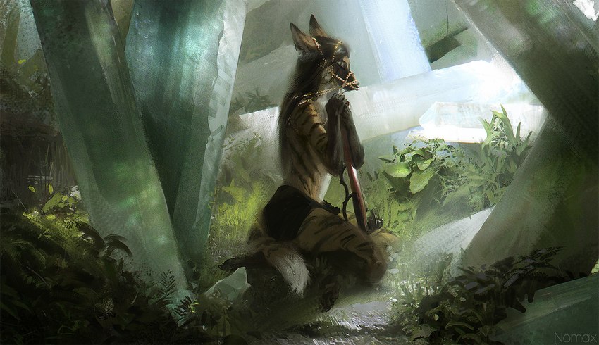 anthro chain crystal day detailed_background eyebrows eyelashes eyes_closed female fingers fur gold_(metal) gold_chain grass hair kneeling outside plant sitting solo nomax heron_stellanimus canid canine mammal maned_wolf 2022 digital_media_(artwork) digital_painting_(artwork) hi_res painting_(artwork)