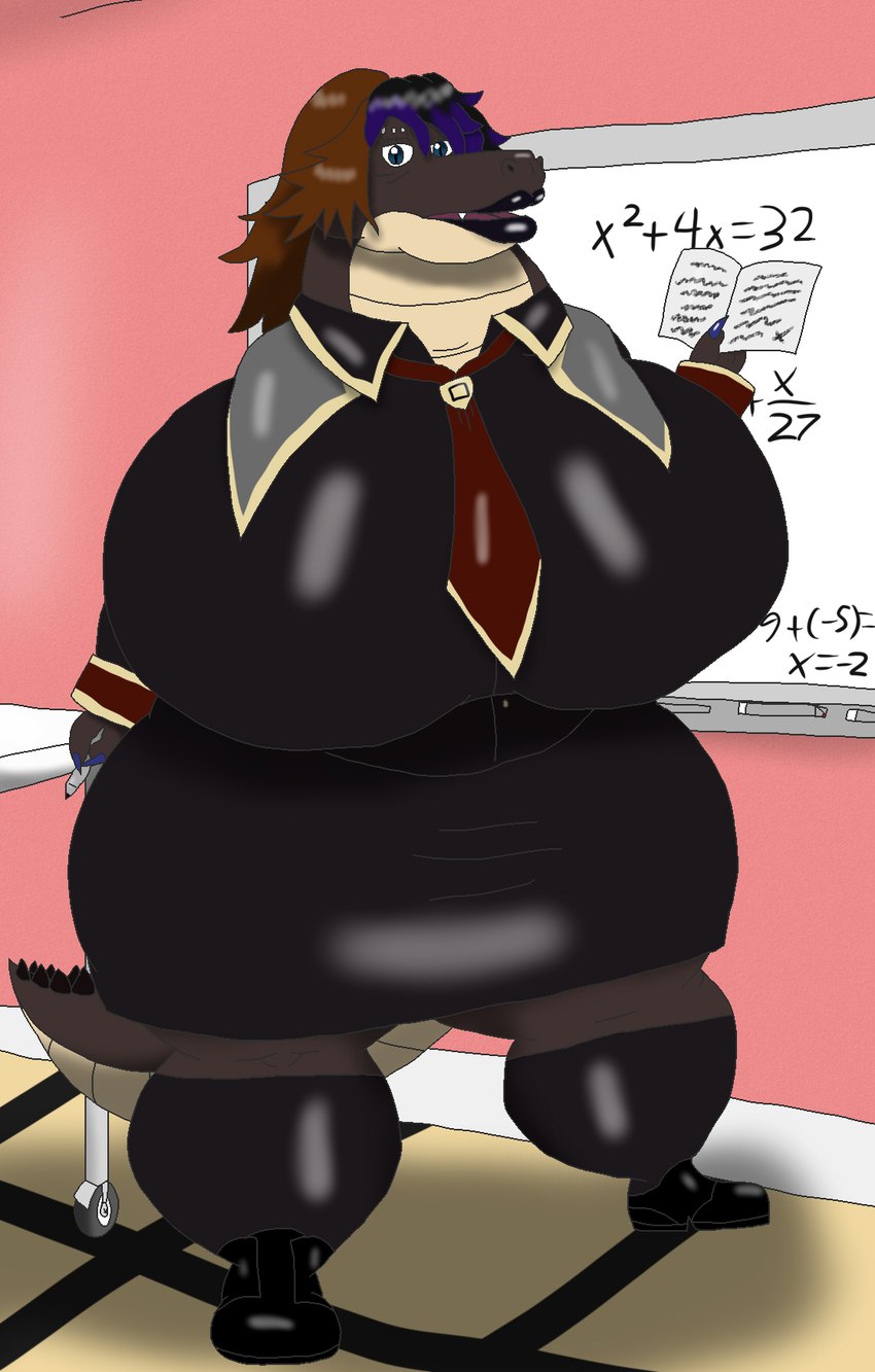 anthro big_breasts breasts clothing device female huge_breasts huge_hips hyper hyper_breasts math necktie overweight overweight_female piercing school_uniform solo teacher uniform whiteboard wide_hips alythewolfcat mona_(alythewolfcat) crocodile crocodilian reptile scalie hi_res