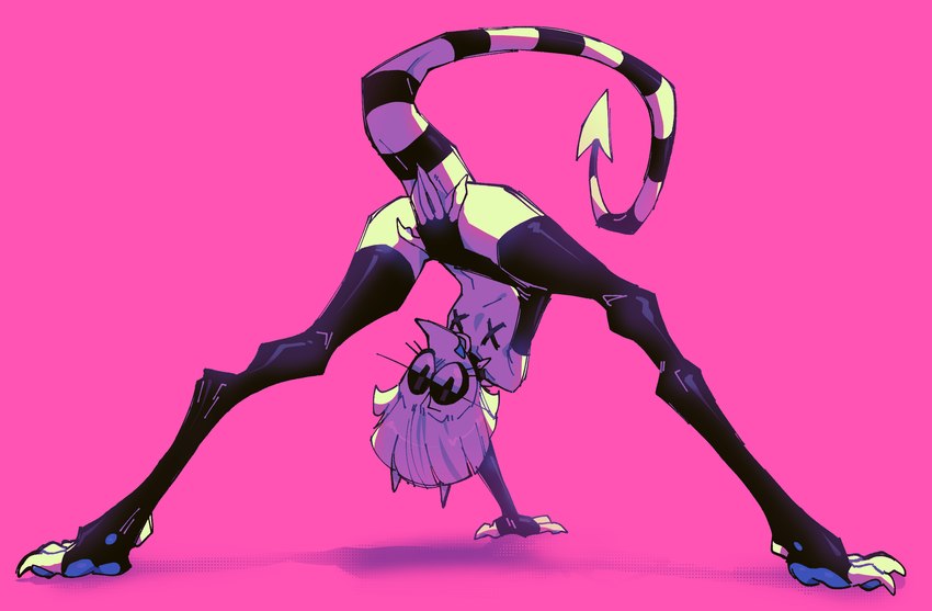 ambiguous_gender anthro between_legs black_body bob_cut butt butt_focus clothing covering covering_crotch flat_chested latex latex_clothing latex_legwear latex_thigh_highs legwear markings pasties paws pink_background rear_focus rear_view simple_background solo spade_tail spread_legs spreading striped_markings striped_tail stripes tail tail_markings thigh_highs white_body btascandalist bat_(btascandalist) imp 2023 hi_res