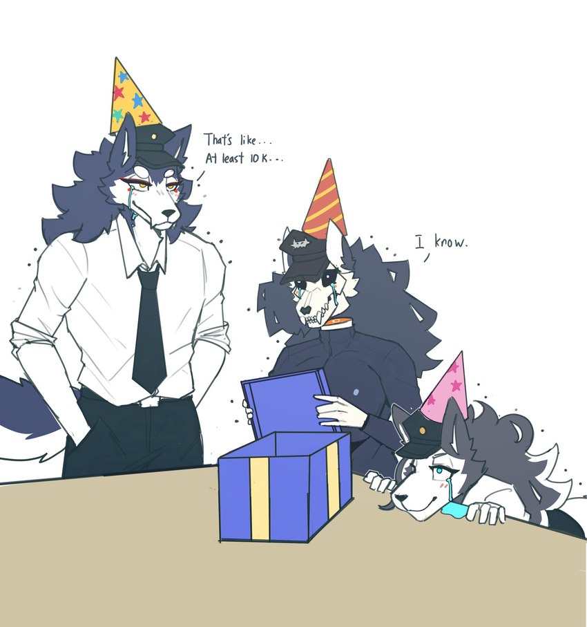 anthro birthday birthday_gift black_sclera blue_eyes blush blush_lines bodily_fluids bone box breasts cheek_tuft clothed clothing container crying dialogue disembodied_head eyelashes facial_tuft female fluffy fluffy_tail fur furniture gift_box group hair hat headgear headwear male necktie party_hat skull skull_head table tail teardrop tears text tuft yellow_eyes tianiseul skull_dog_(tianiseul) canid canine mammal skulldog_(species) english_text hi_res