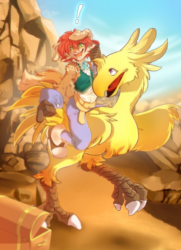 5_fingers anthro beak detailed_background exclamation_point feathers feral fingers green_eyes open_mouth purple_eyes riding sky smile teeth tongue yellow_body yellow_feathers rikitoka final_fantasy square_enix avian bird canid canine canis chocobo domestic_dog mammal hi_res