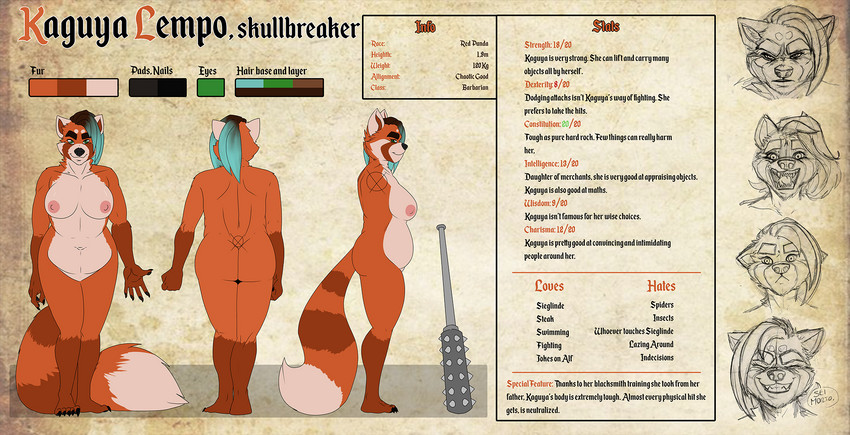 angry anthro barbarian big_breasts big_butt breasts butt curvy_figure female highlights_(coloring) nipples nude scared slightly_chubby smile solo tetsubo text tribal umpherio kaguya_(umpherio) ailurid mammal red_panda english_text flat_colors hi_res model_sheet