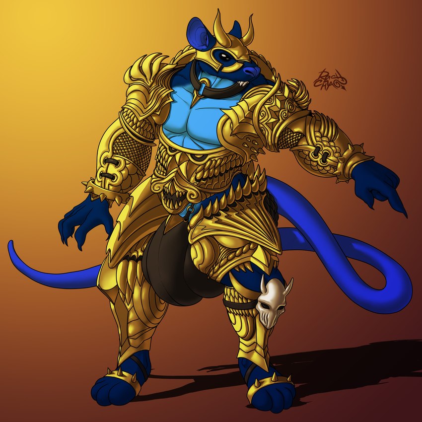 anthro armor black_eyes black_sclera blue_body blue_fur blue_nails blue_tail bone brown_background brown_clothing bulge clothed clothing clothing_bulge colored_nails fur gesture gold_(metal) gold_armor gradient_background hand_gesture headgear helmet horn jewelry long_tail male nails necklace outline paws pointing shadow sharp_nails sharp_spikes sharp_teeth simple_background skull solo spikes standing tail teeth yellow_armor yellow_background rashchaos mammal murid murine rat rodent 1:1 absurd_res digital_media_(artwork) hi_res signature