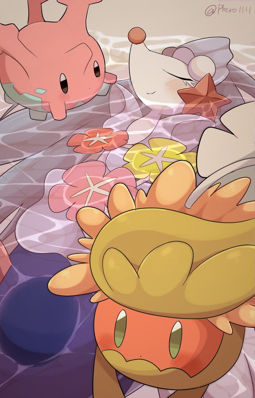 ambiguous_gender anthro blush eyes_closed feral group smile trio water pheromosa1111 nintendo pokemon comfey corsola generation_2_pokemon generation_7_pokemon mammal marine pinniped pokemon_(species) primarina hi_res