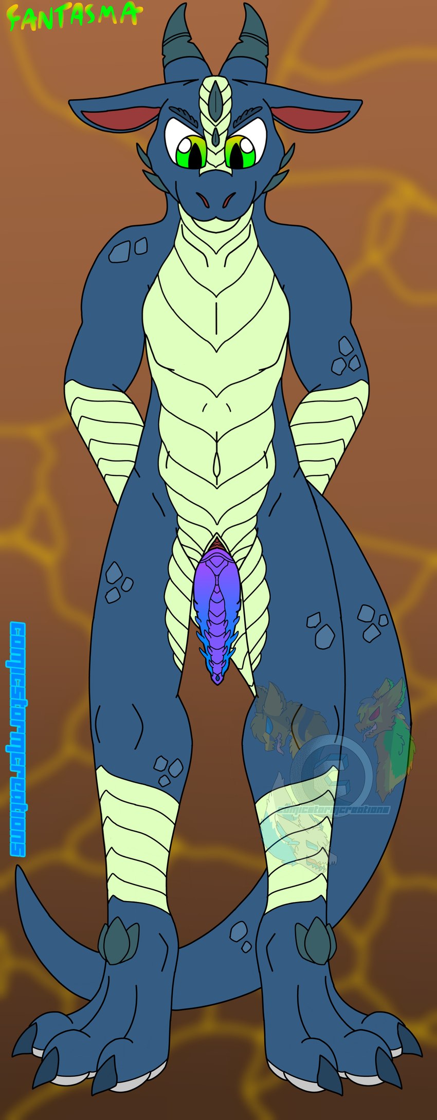 anthro biped claws genitals male nude penis simple_background smile solo text comicstormcreations ghost_(comicstormcreations) kobold reptile scalie absurd_res digital_media_(artwork) hi_res