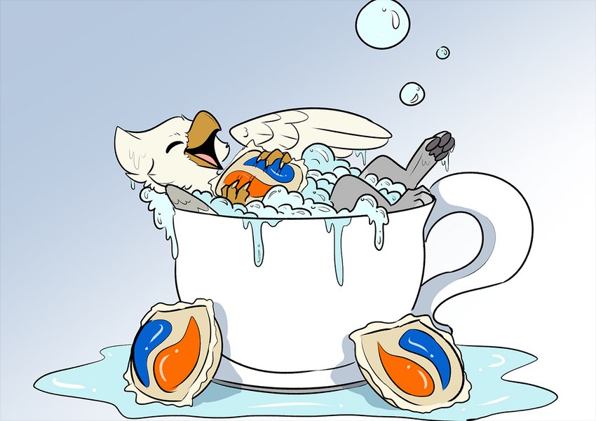 ambiguous_gender bath beak bubble claws container cup eyes_closed feathers feral grey_body grey_feathers happy holding_object micro open_mouth open_smile pawpads paws smile soap_bubbles solo water what white_body white_feathers stupidshepherd mythology tide_(brand) tide_pod avian gryphon mythological_avian mythological_creature 2018 digital_media_(artwork)