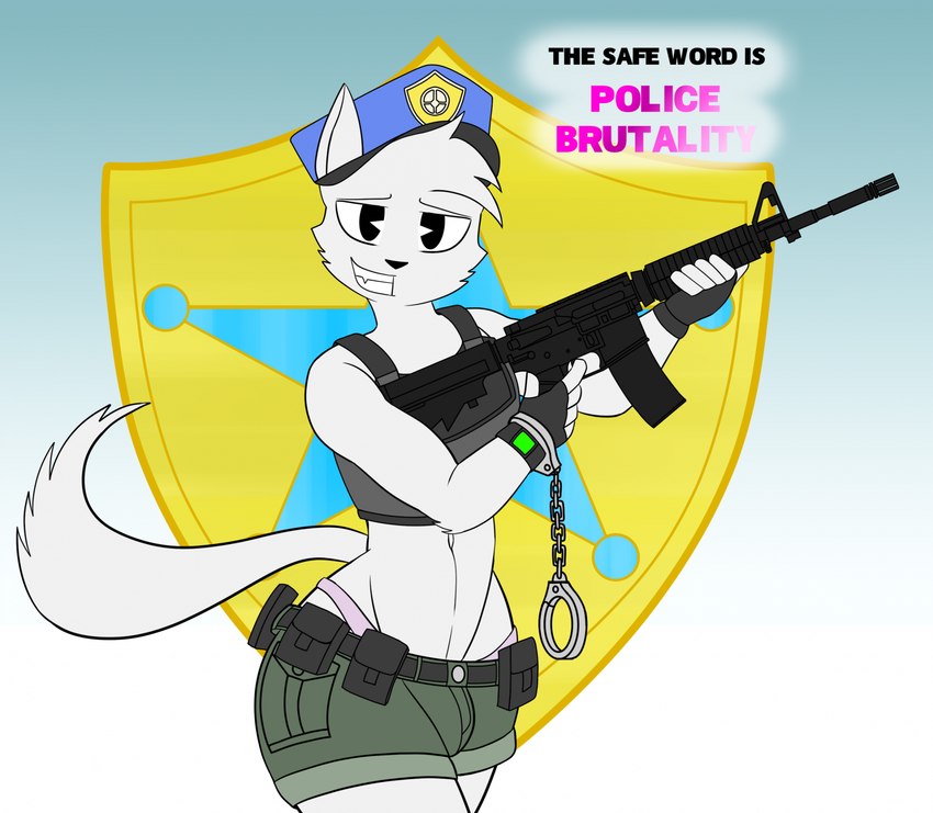 anthro ar-15 assault_rifle bottomwear bulge clothing cuff_(restraint) dialogue femboy fur gun handcuffs headgear headwear holding_object holding_weapon male metal_cuffs panties police police_badge police_hat police_officer police_uniform ranged_weapon restraints rifle shorts solo text topwear underwear uniform vest weapon white_body white_fur rorrek officer_boykisser_(junoandmaxx) silly_cat_(mauzymice) domestic_cat felid feline felis mammal english_text hi_res