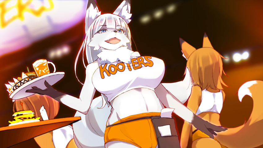 anthro big_breasts biped blue_eyes bottomwear breasts clothing cute_fangs dutch_angle eyebrow_through_hair eyebrows female food fur gloves_(marking) group hair holding_object hooters_uniform inner_ear_fluff kemono markings midriff open_mouth orange_body orange_bottomwear orange_clothing orange_fur orange_shorts orange_tail sandwich_(food) serving serving_beverage serving_food shorts solo_focus tail text text_on_clothing text_on_topwear topwear translucent translucent_hair trio tuft waiter white_body white_fur white_tail maze_mix hooters canid canine canis fox mammal wolf