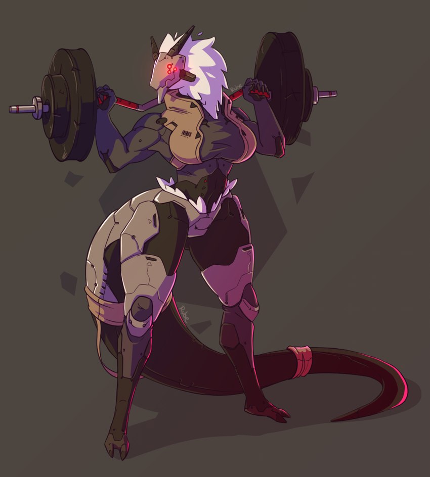 2_toes 6_eyes anthro breasts clothed clothing exercise feet female fur grey_body machine multi_eye simple_background solo tail toes weightlifting weights white_body white_fur workout rube mythology azazel_(7th-r) dragon mythological_creature mythological_scalie robot scalie digital_media_(artwork) hi_res shaded