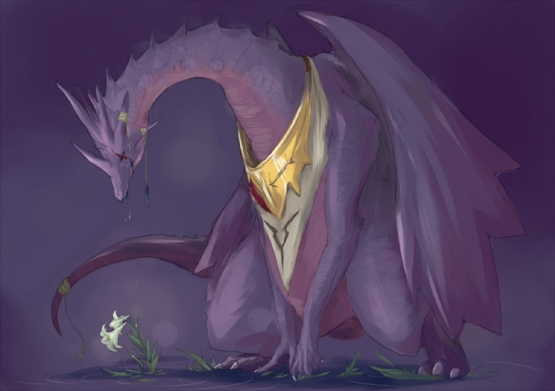 ambiguous_gender collar crouching feral flower membrane_(anatomy) membranous_wings plant purple_body simple_background solo tail water wings drawg_t european_mythology mythology dragon mythological_creature mythological_scalie scalie western_dragon