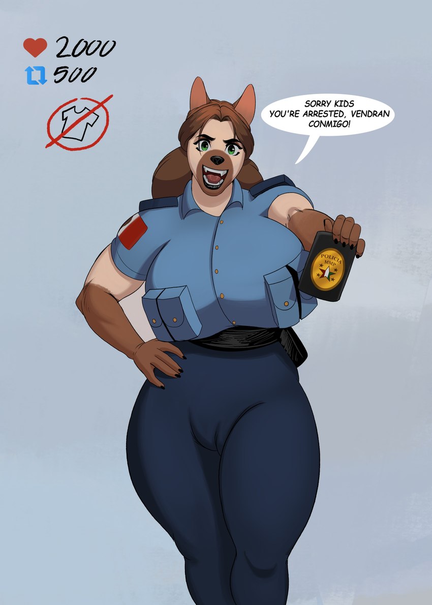 5_fingers anthro belt big_breasts black_nose bottomwear breasts brown_hair camel_toe clothed clothing dialogue eyebrows fangs female fingers fully_clothed green_eyes hair hand_on_hip huge_breasts legs_together long_hair looking_at_viewer open_mouth pants police police_badge police_uniform pouch_(clothing) shirt solo speech_bubble standing strip_game teeth text topwear uniform pancarta maria_(pancarta) canid canine canis domestic_dog german_shepherd herding_dog mammal pastoral_dog 2024 absurd_res english_text hi_res