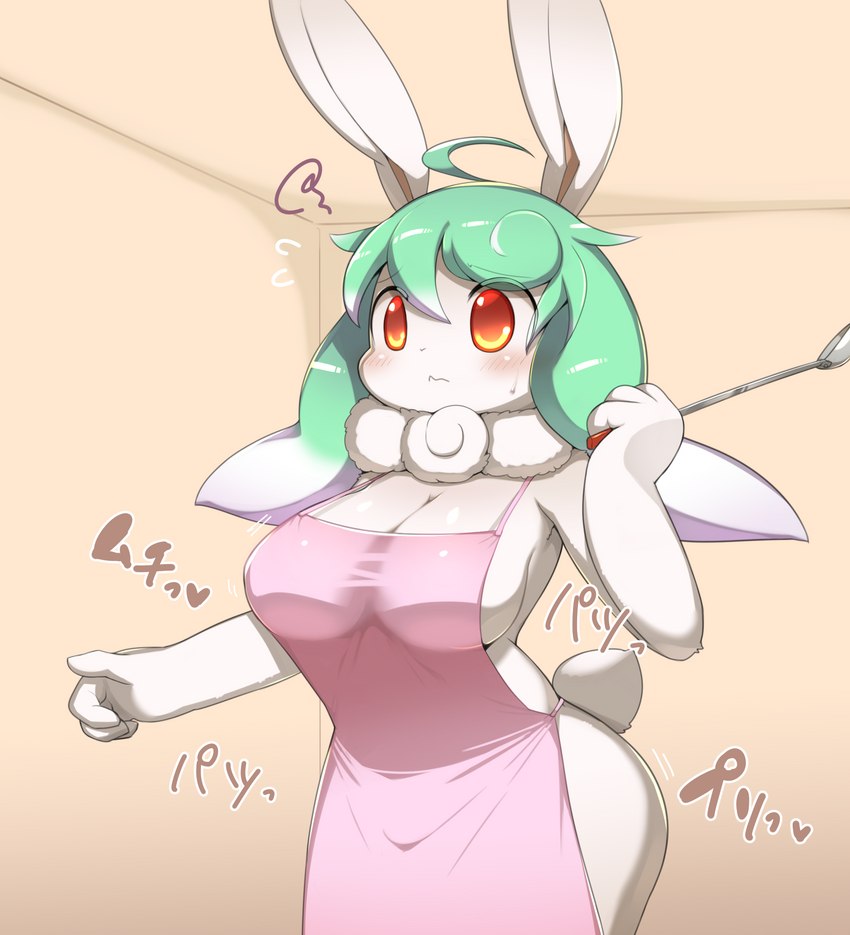 ahoge anthro apron apron_only big_breasts blush bodily_fluids breasts clothing dot_nose ears_up female fur glistening glistening_body green_hair hair hair_between_eyes holding_ladle inside kitchen_utensils ladle long_hair orange_eyes pink_apron pink_clothing scut_tail short_tail solo standing sweat tail text tools white_body white_fur obikuragetyan lagomorph leporid mammal rabbit hi_res japanese_text translation_request