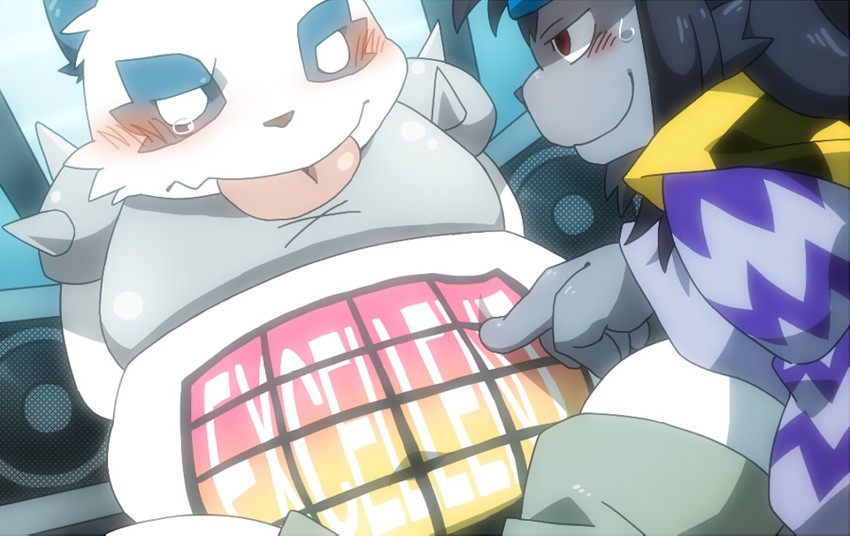 anthro belly belly_squish blush duo fur humanoid_hands kemono male navel overweight overweight_male squish text tongue tongue_out white_body white_fur nikiciy bemani jubeat konami pop'n_music pandeth_(pop'n_music) bear giant_panda mammal 2012