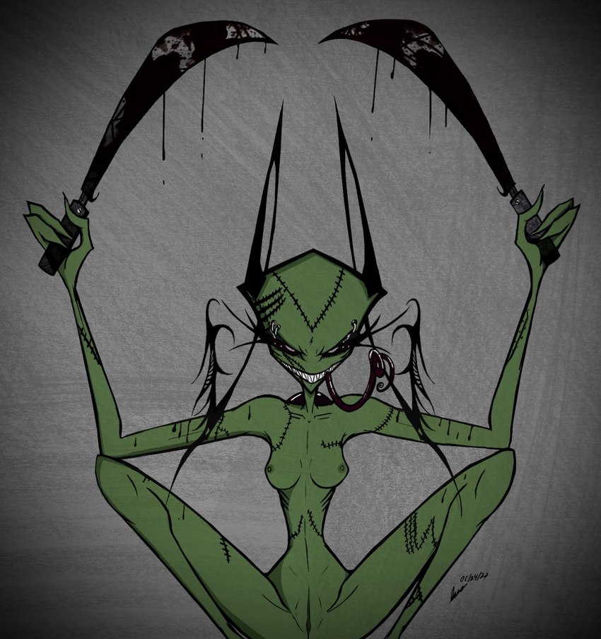 antennae_(anatomy) blood bodily_fluids breasts claws female genitals grin machete melee_weapon nipples not_furry piercing presenting presenting_pussy pussy sharp_teeth sitting smile surgical_suture teeth threatening_with_weapon tongue tongue_out weapon darkryn_(artist) invader_zim nickelodeon vyk_(ryn) alien humanoid irken hi_res