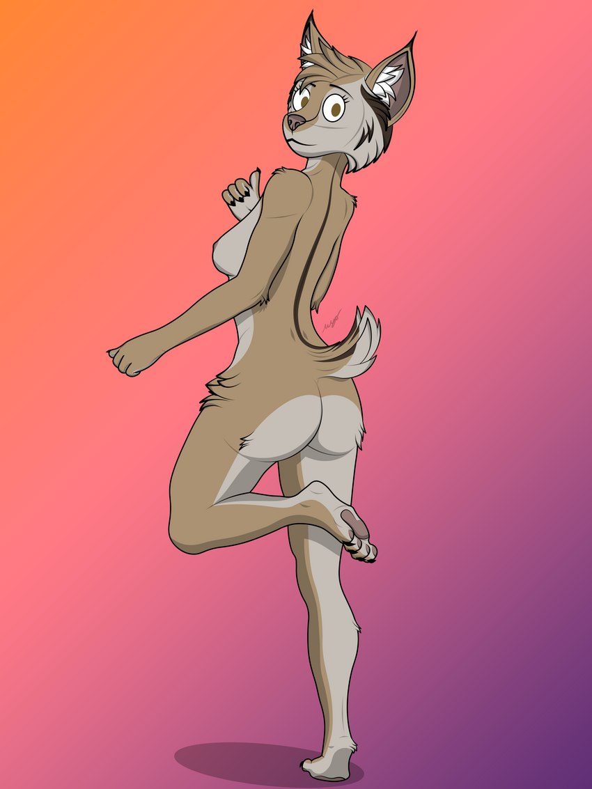 anthro breasts brown_eyes butt feet female gradient_background hindpaw hip_tuft looking_at_viewer one_leg_up pawpads paws raised_leg side_boob simple_background solo tuft tufted_ears wyo chel_(wyo) felid feline lynx mammal 3:4 absurd_res cel_shading hi_res shaded