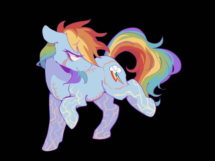 alternate_universe black_background blue_body blue_fur cutie_mark damaged_body female female_feral feral fur hair hooves multicolored_hair multicolored_tail pink_eyes rainbow_hair rainbow_tail scar shadow simple_background solo tail text wings sinful_pie cupcakes_(mlp_fanfic) friendship_is_magic hasbro my_little_pony mythology rainbow_dash_(mlp) equid equine horse mammal mythological_creature mythological_equine pegasus pony 2024 4:3 colored digital_drawing_(artwork) digital_media_(artwork) english_description english_text hi_res shaded traditional_media_(artwork)