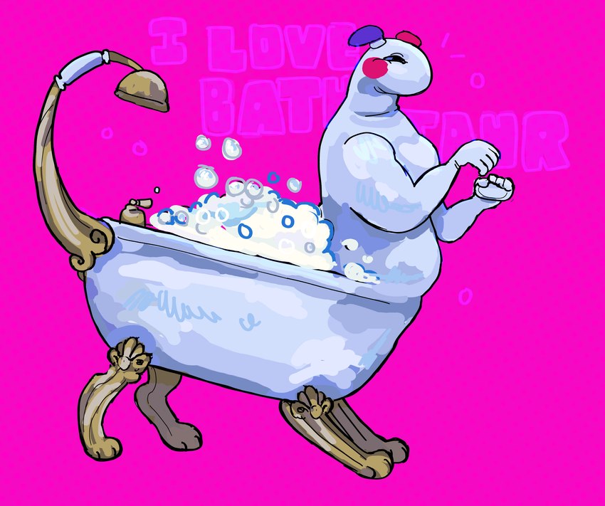 3_toes 4_fingers ambiguous_gender bathtub bent_arm blue_ear brown_legs brown_tail bubble cheek_spots claw_foot_bathtub eyes_closed feet fingers holding_soap light mouthless not_furry nude_taur paws pink_background quadruped red_ear shower_head side_view simple_background soap_bar solo standing tail text toes white_body flockdog bath_taur_(crazysodomite) animate_inanimate animate_inanimate_taur taur 2024 absurd_res colored digital_drawing_(artwork) digital_media_(artwork) english_description english_text hi_res lighting shaded