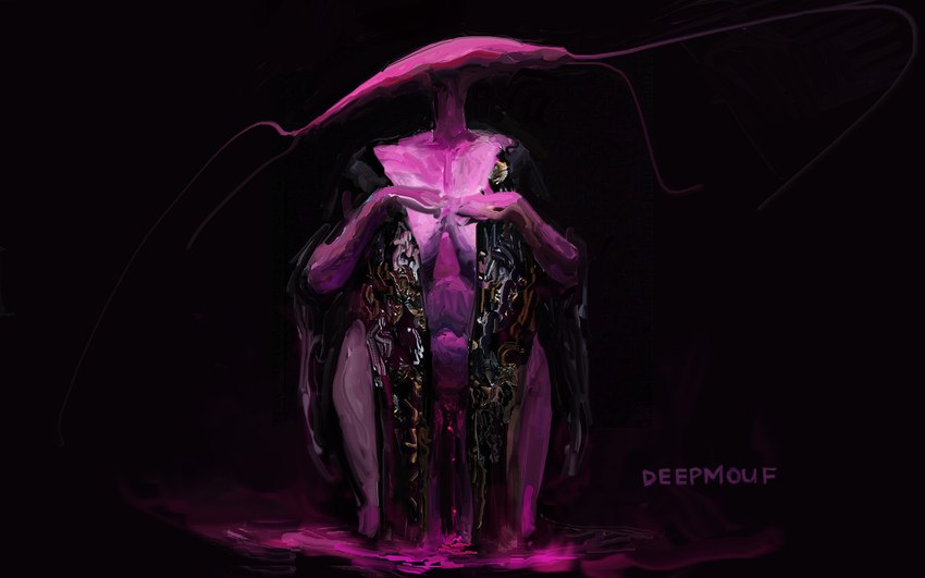 breasts clothing female glowing navel purple_body pussy_dripping sagging_breasts solo tentacles thick_thighs unbuttoned water deepmouf unknown_species 16:10 2023 hi_res widescreen