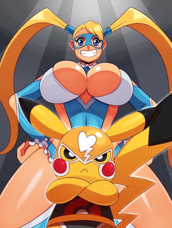 ambiguous_gender big_breasts blonde_hair blue_eyes breasts clothed clothing cosplay_pikachu_(costume) duo female hair huge_breasts human_focus larger_female looking_at_viewer mask not_furry_focus size_difference smaller_female smile sssonic2 capcom nintendo pokemon street_fighter cosplay_pikachu_(character) pikachu_libre rainbow_mika generation_1_pokemon human mammal pikachu pokemon_(species) rodent crossover hi_res