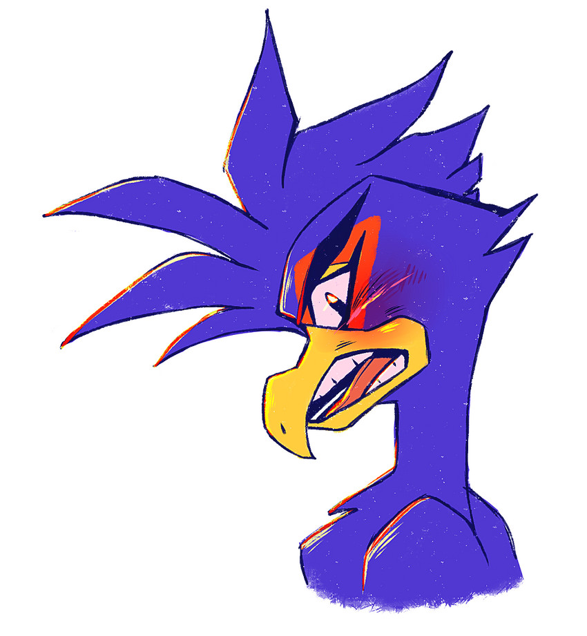 anthro beak blue_body blue_feathers blue_hair blush eyebrows feathers hair male mohawk simple_background solo teeth tongue white_background saffronic nintendo star_fox falco_lombardi avian bird 2020 headshot_portrait portrait