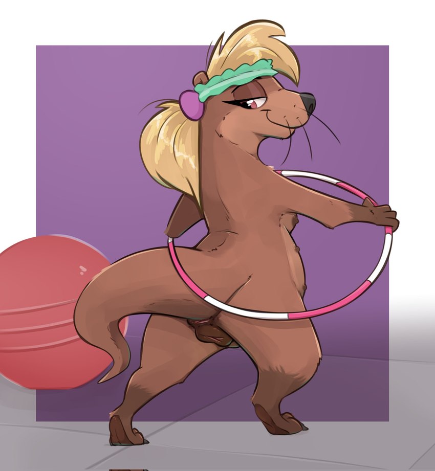 accessory animal_genitalia animal_pussy anthro anus black_nose blonde_hair brown_body brown_eyes brown_fur butt clothing female feral fur genitals gloves_(marking) hair headband headgear headwear holding_object hula_hoop leg_markings looking_down markings nude ponytail purple_background pussy red_ball semi-anthro simple_background socks_(marking) solo tail tail_anus teal_headband noodlestoat mammal mustelid otter hi_res