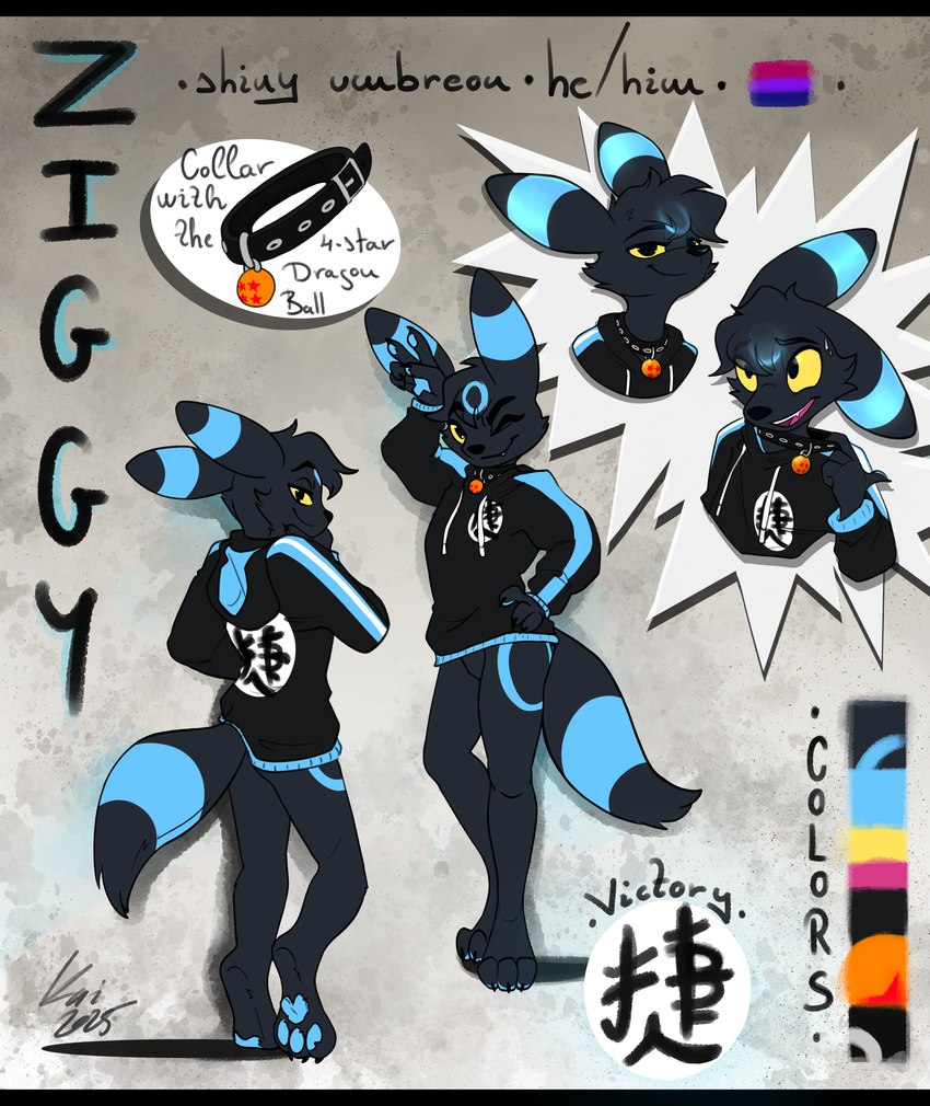 anthro bisexual black_body black_fur black_hair blue_body blue_fur blue_highlights blue_pawpads bottomless clothed clothing cocky cocky_smile collar comic_panel dragon_ball_(object) embarrassed female fur hair highlights_(coloring) hoodie hoodie_only jacket jacket_only lgbt_pride male pawpads paws pose pronouns solo standing text topwear topwear_only titallulah dragon_ball nintendo pokemon eeveelution generation_2_pokemon pokemon_(species) shiny_pokemon umbreon absurd_res english_text hi_res model_sheet