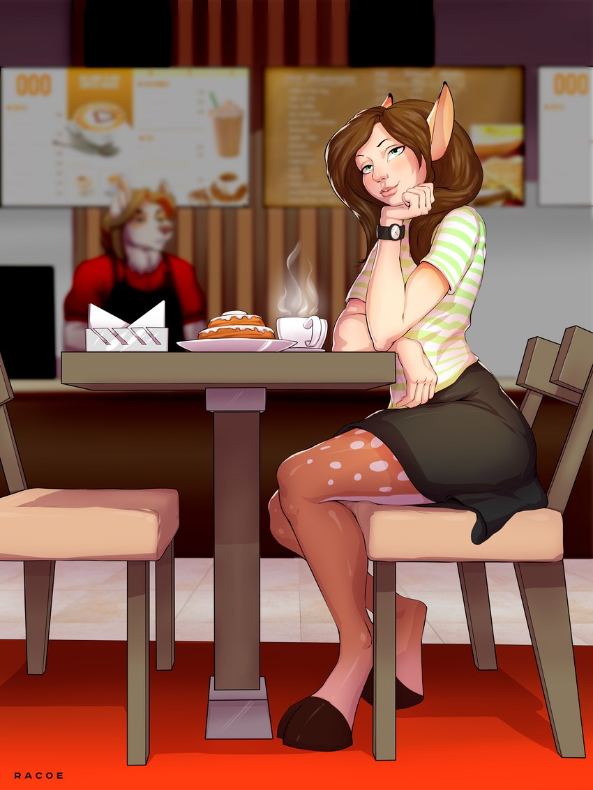 anthro arm_support beverage biped black_bottomwear black_clothing black_skirt blurred_background blurred_character bottomwear brown_hair brown_hooves cafe chair clock clothed clothing cloven_hooves dappled_fur depth_of_field dipstick_ears duo ear_markings female fingers food furniture green_eyes hair hooves humanoid_focus male markings multicolored_ears on_chair pattern_clothing pattern_shirt pattern_t-shirt pattern_topwear shirt sitting sitting_on_chair skirt solo_focus spots spotted_markings steam striped_clothing striped_shirt striped_t-shirt striped_topwear stripes sweetroll t-shirt tea topwear unguligrade watch wristwatch racoe treesong animal_humanoid cervine cervine_humanoid deer deer_humanoid dryad humanoid mammal mammal_humanoid 3:4 absurd_res artist_name hi_res