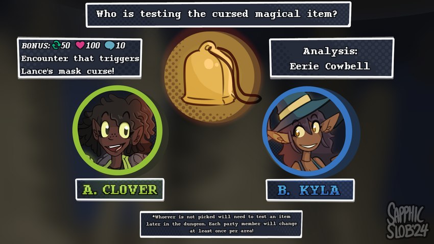 choice context_in_descripton cowbell cursed_object duo female glowing text vote sapphicslob dungeons_and_dragons hasbro wizards_of_the_coast clover_chrysus_(d3) kyla_winethorn_(d3) elf half-elf 16:9 english_text hi_res widescreen