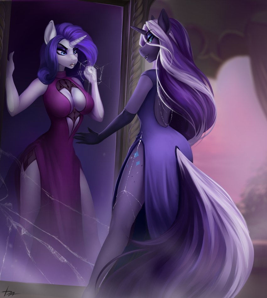 altered_reflection anthro anthrofied blue_eyes breasts cleavage clothed clothing cracked_mirror cracks cutie_mark dress duo female hair horn long_hair looking_at_mirror looking_at_object mirror multicolored_hair purple_hair reflection trapped trapped_in_mirror two_tone_hair white_hair dacsy friendship_is_magic hasbro idw_publishing my_little_pony my_little_pony_(idw) mythology nightmare_rarity_(idw) rarity_(mlp) equid equine mammal mythological_creature mythological_equine unicorn absurd_res hi_res