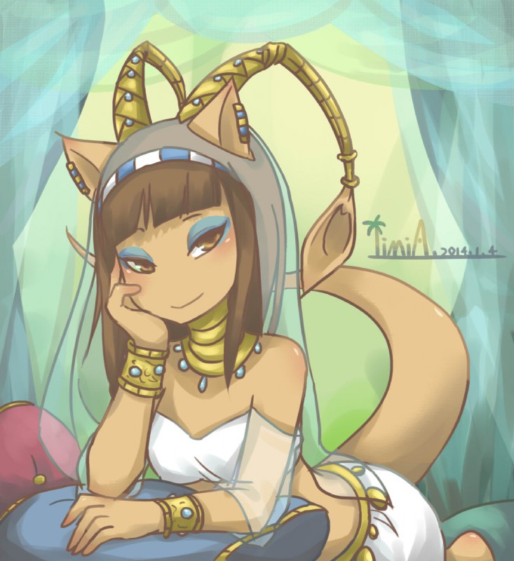 afnet_(clothing) anthro arm_support biped blush bracelet breasts clothing collar curtains egyptian egyptian_clothing egyptian_headdress female gold_(metal) gold_jewelry hair headdress headgear headwear jewelry kneeling leaning_on_elbow looking_at_viewer necklace pillow shendyt solo iimia neopets aisha_(neopets) alien desert_neopet felid mammal neopet_(species) 2014 colored digital_media_(artwork) hi_res