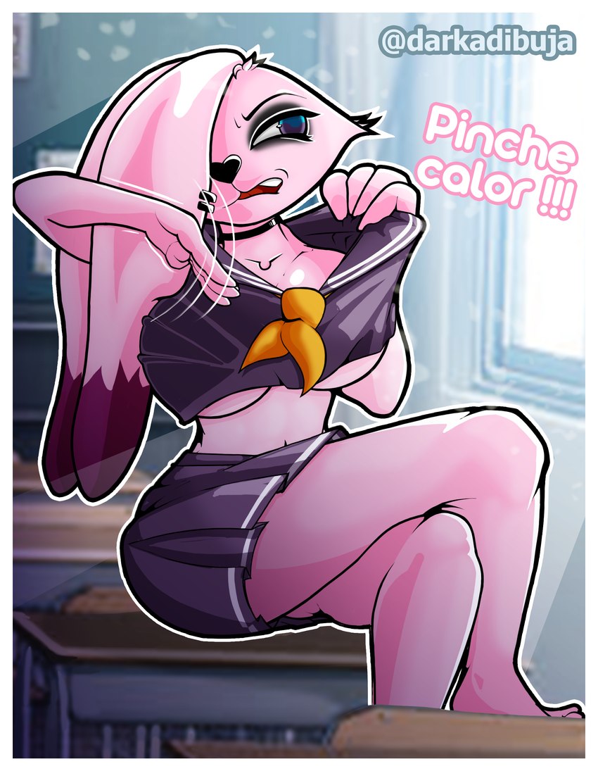 anthro big_breasts blue_eyes bottomwear breasts clothing ear_piercing ear_ring female long_ears nipples piercing pink_body pink_nipples ring_piercing school_uniform skirt solo uniform darkadibuja lagomorph leporid mammal rabbit rebecca_(disambiguation) absurd_res hi_res