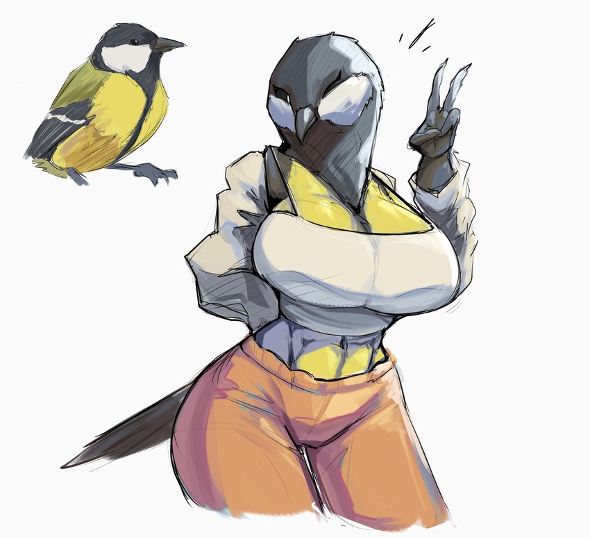 anthro big_breasts biped black_sclera bottomwear breasts clothing duo female feral gesture hand_behind_back hand_gesture huge_breasts multiple_forms navel one_eye_closed orange_bottomwear orange_clothing orange_pants pants simple_background v_sign white_background wink dreamerknight avian bird great_tit oscine passerine tit_(bird) 2024 hi_res