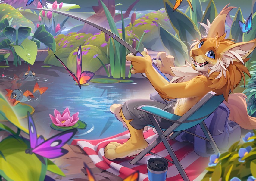 4_toes 5_fingers anthro barefoot blue_eyes clothed clothing day detailed_background digitigrade feet fingers male open_mouth outside paws smile teeth toes tongue topless water kyander felid feline lynx mammal 2023 digital_media_(artwork)