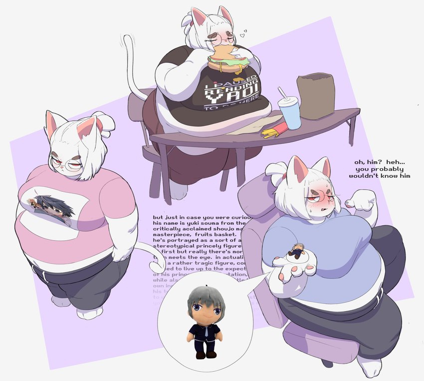 4_fingers anthro belly big_belly big_breasts blush bodily_fluids breasts burger chair eating eating_food eyebrows eyes_closed eyewear female fingers food fries fujoshi fur furniture glasses hair hair_bun heart_symbol holding_food holding_object infodumping looking_at_viewer nerd obese obese_anthro obese_female otaku overweight overweight_anthro overweight_female pawpads plushie red_eyes simple_background sitting solo sweat sweatdrop tail text thick_eyebrows wall_of_text white_body white_fur white_hair white_tail sometimescozy death_note fruits_basket domestic_cat felid feline felis mammal 2023 english_text hi_res