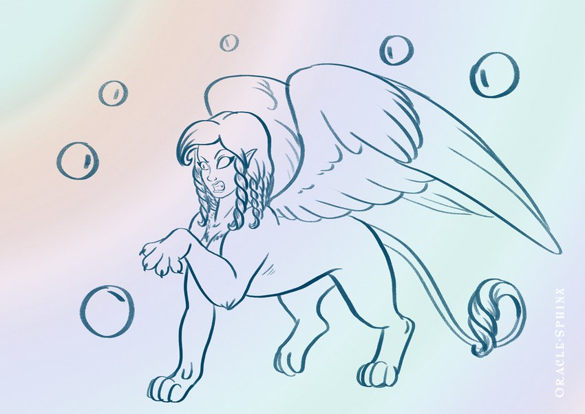 after_transformation claws confusion female feral hair humanoid_face humanoid_pointy_ears paws solo tail tail_tuft touching_hair tuft twirling_hair wings oracle_sphinx mythology animal_humanoid felid humanoid mammal mythological_creature mythological_sphinx