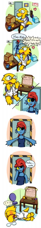 anthro blush caught_in_the_act clothed clothing computer computer_keyboard covering covering_eyes covering_face dialogue electronics embarrassed eye_patch eyewear fanfic female food glasses grin heart_symbol lying noodles on_side smile speech_bubble text trash typing writing_text ohfourmouse undertale undertale_(series) alphys undyne fish lizard marine reptile scalie 2016 absurd_res comic english_text hi_res long_image tall_image