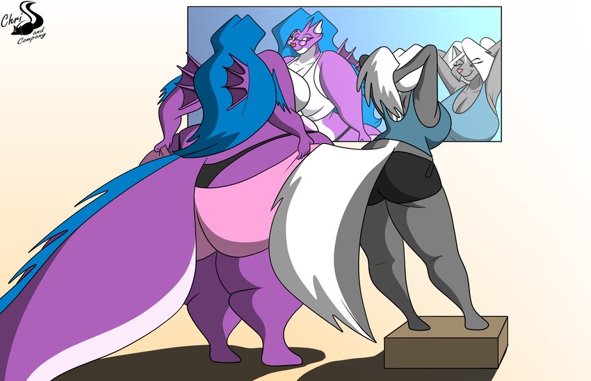 anthro breasts cleavage clothed clothing duo eyewear female glasses hair mirror chrisandcompany jewish_mythology mythology kelsey_sienna aquatic_dragon dragon leviathan mammal marine mephitid mythological_creature mythological_marine mythological_scalie scalie skunk hi_res