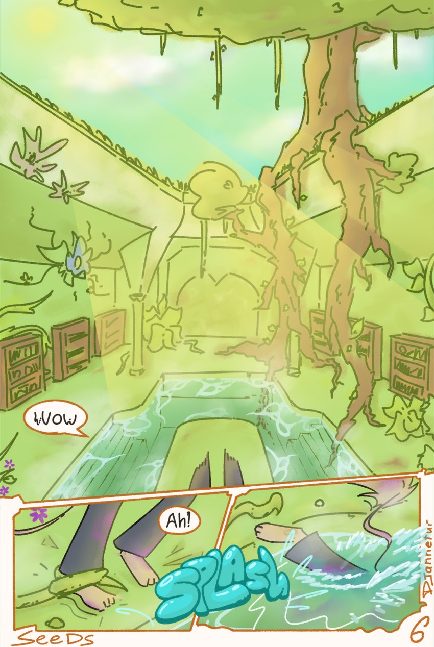 anthro bath bookshelf detailed_background feet furniture holding_feet hot_spring light male plant solo splash sunlight temple tree water wet djannetur arhitip_(djannetur) hybrid comic hi_res