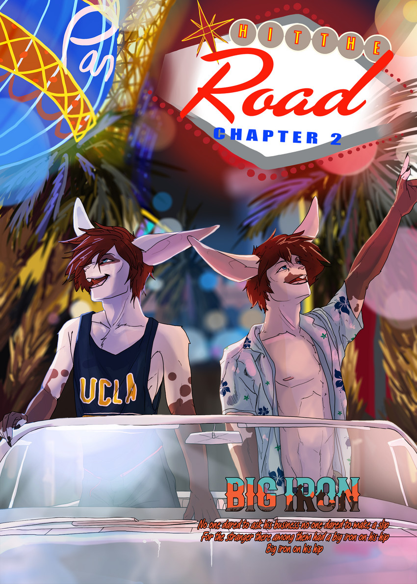 anthro car clothed clothing duo fur googie_aesthetic hair inside_car inside_vehicle las_vegas long_ears male neon open_mouth outside smile text topwear vehicle chat_noir_(artist) adrian_donovan letho_donovan lagomorph leporid mammal rabbit comic cover cover_art cover_page digital_media_(artwork) english_text hi_res brother_(lore) brothers_(lore) sibling_(lore) twins_(lore)