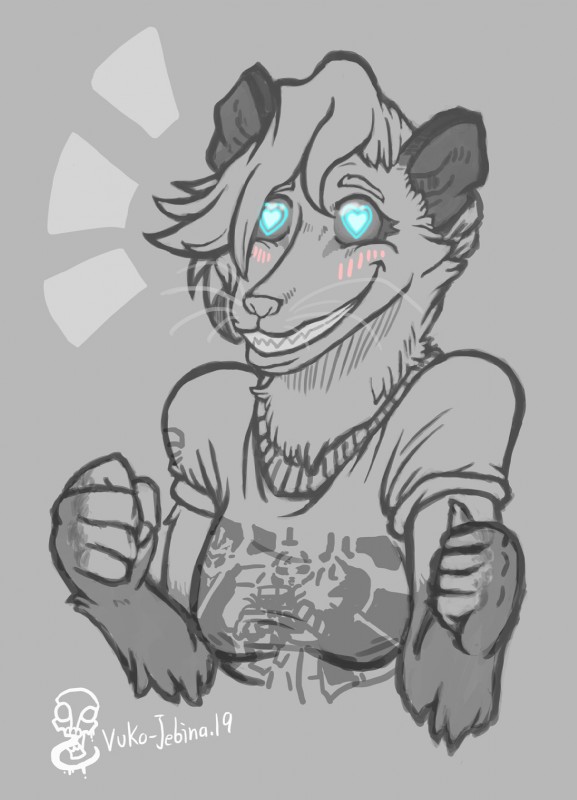 anthro blue_eyes blush breasts clothed clothing cybernetics female fur hair heart_eyes heart_symbol machine pupils smile solo symbol-shaped_pupils teeth text unusual_pupils vuko-jebina acid_rain star_dismond american_opossum mammal marsupial virginia_opossum 2019 greyscale hi_res monochrome