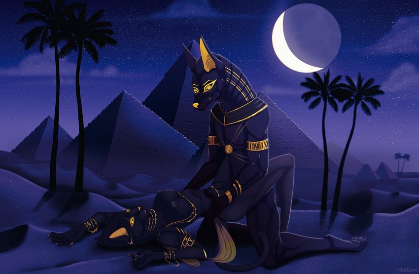 anthro black_body breasts duo egyptian female female_penetrated hair interspecies jewelry male male/female male_penetrating male_penetrating_female nipples penetration sex simple_background hellezra egyptian_mythology middle_eastern_mythology mythology anubis bast fan_character anubian_jackal canid canine canis deity domestic_cat felid feline felis jackal mammal hi_res