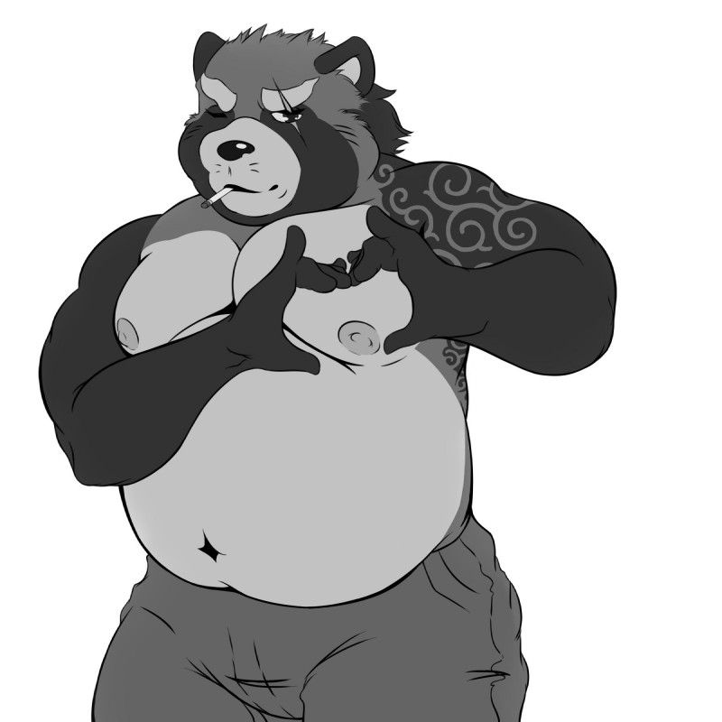 anthro belly bottomwear cigarette clothing humanoid_hands male moobs navel nipples overweight overweight_anthro overweight_male pants scar simple_background smoking solo tattoo yu_chi_i lifewonders tokyo_afterschool_summoners gyobu_(tas) canid canine mammal raccoon_dog tanuki 1:1 2019 hi_res monochrome