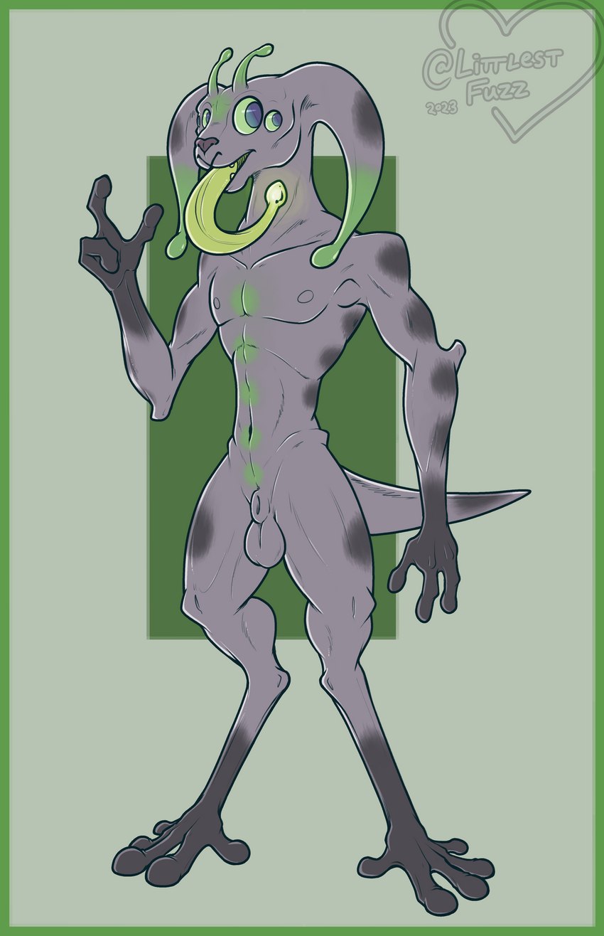 2_noses 3_fingers 4_eyes 5_toes animal_genitalia antennae_(anatomy) athletic balls biped blue_eyes collarbone digitigrade feet fingers fully_sheathed genitals glowing glowing_tongue green_markings green_sclera grey_body grey_skin long_tongue looking_at_viewer male markings multi_eye navel nipples nude open_mouth pecs raised_arm sheath simple_background smile solo spots spotted_markings standing tapering_tail teeth toes tongue tongue_out littlestfuzz tevvel alien 2023 absurd_res digital_drawing_(artwork) digital_media_(artwork) full-length_portrait hi_res portrait