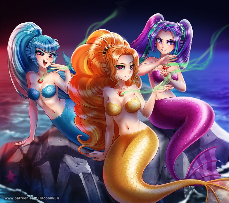 alternate_species blue_hair breasts female gem group hair long_hair looking_at_viewer multicolored_hair navel open_mouth orange_hair outside pigtails purple_hair rock scaly_breasts split_form text two_tone_hair v_bangs water racoon-kun equestria_girls hasbro my_little_pony adagio_dazzle_(eg) aria_blaze_(eg) sonata_dusk_(eg) the_dazzlings_(eg) marine merfolk siren 2019 digital_media_(artwork) url