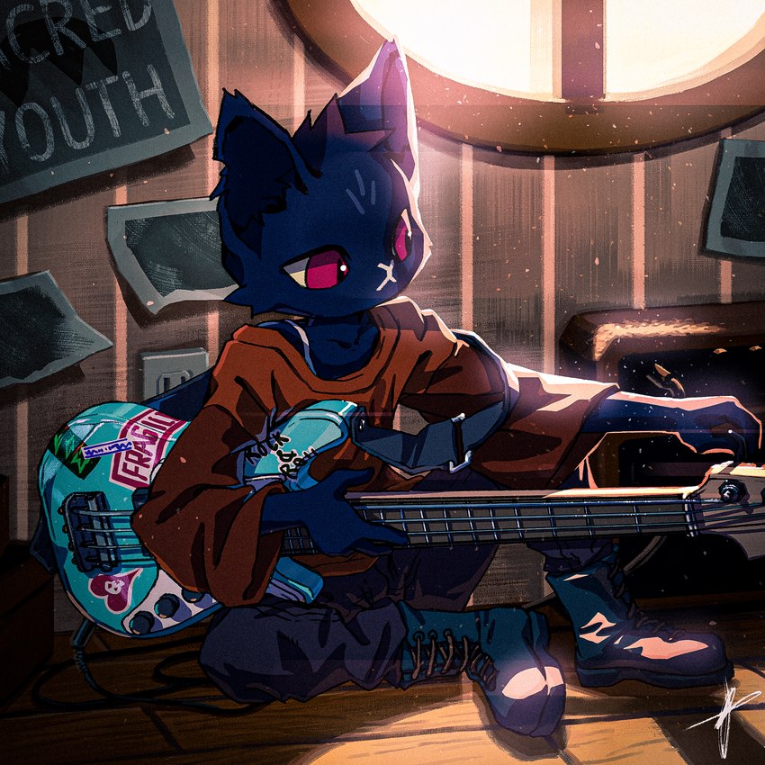 anthro bass_guitar blue_body blue_fur boots bottomwear clothed clothing detailed_background dust female footwear fur guitar head_tuft inside loose_shirt musical_instrument notched_ear outlet pants plucked_string_instrument poster red_eyes shirt shoes sitting solo string_instrument t-shirt text tomboy topwear tuft window yellow_sclera blaedic night_in_the_woods mae_borowski domestic_cat felid feline felis mammal 1:1 2021 digital_media_(artwork) english_text hi_res