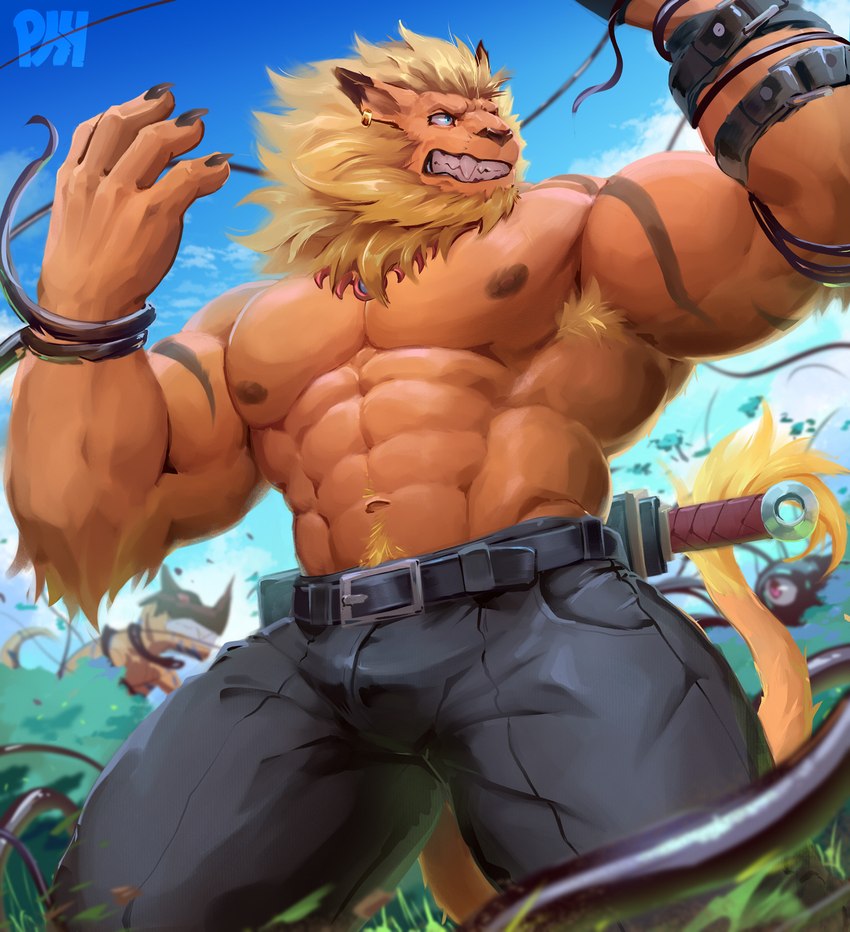 armpit_hair belt blue_eyes body_hair bottomwear bulge clothed clothing ear_piercing exposure_variation fangs grass male mane melee_weapon muscular navel nipples pants piercing plant solo sword teeth tentacles topless weapon physen bandai_namco digimon background_character digimon_(species) greymon leomon character_request hi_res