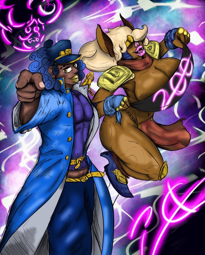 anthro clothed clothing covered_breasts covered_nipples dark_body dark_skin duo female hair male male/female milestone parody skimpy tight_clothing abeybubble jojo's_bizarre_adventure devi_(abeybubble) jotaro_kujo star_platinum bat human mammal hi_res